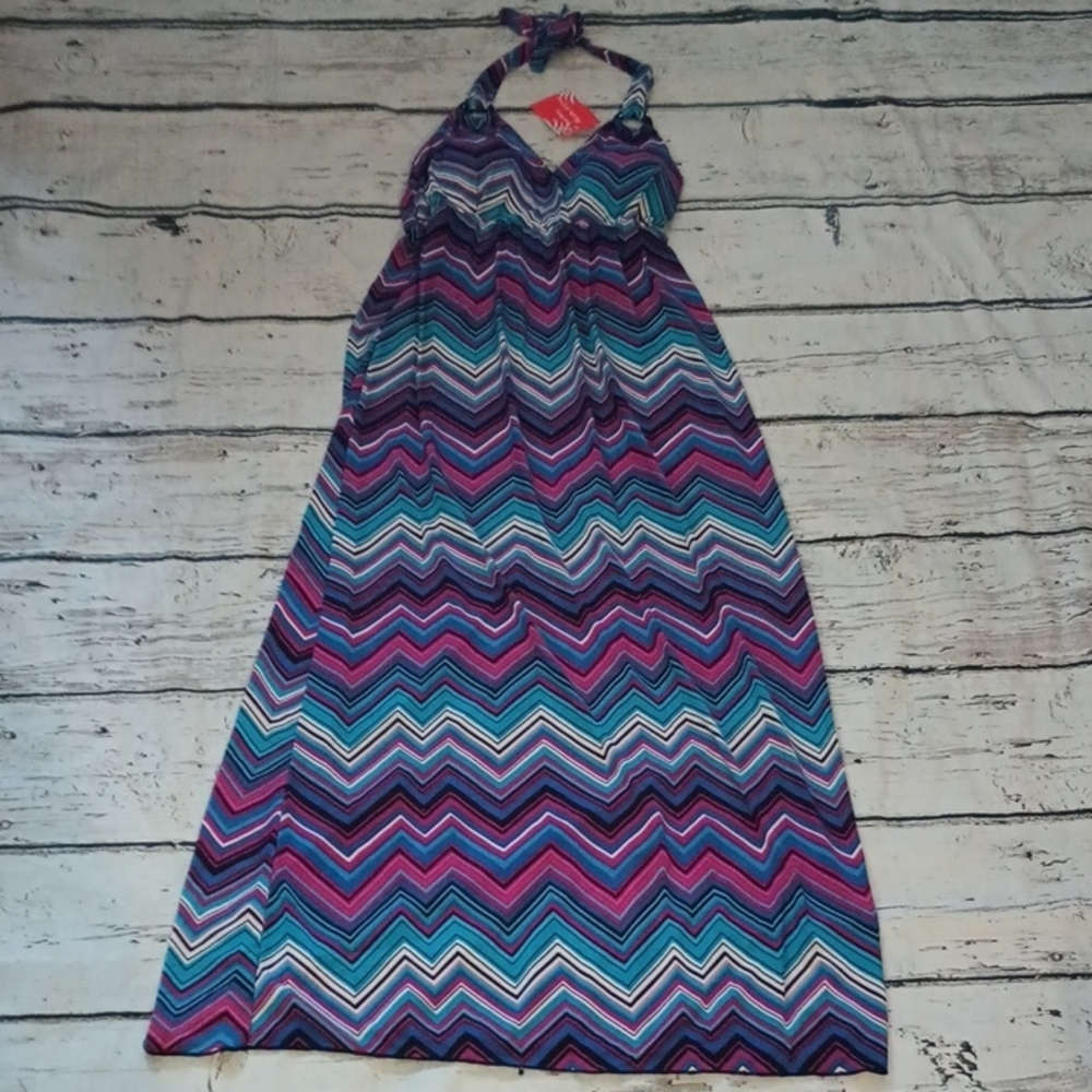 Maddie& Cocoa Blue Purple Babydoll Chevron Print Y2K Style Maxi Dress M NWT